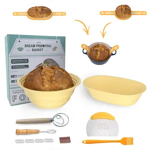 Sourdough Bread Baking Supplies, 2 Set, 10 Inch Oval & 9 Inch Round Silicone Bread Proofing Basket Set, Silicone Bread Sling, Danish Dough Whisk, Bread Lame, Dough Scraper Kit