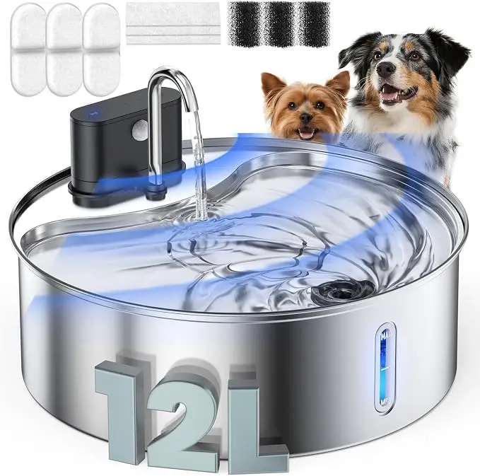 Wireless Pet Water Fountain for Large Dogs, 12L Stainless Steel Automatic Water Dispenser with Sensor, Ultra‑Quiet Rechargeable Water Bowl for Cats & Dogs