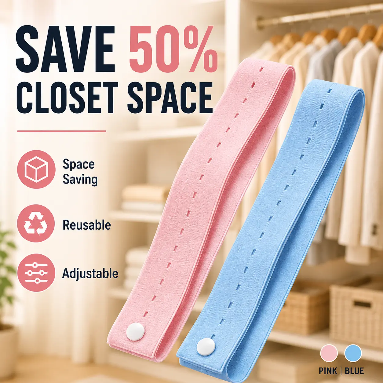 3PCS Closet Organizer Storage Straps, Adjustable Space Saving Clothes Compression Straps, Reusable Wardrobe Organizer for Jackets, Sweaters & Blankets
