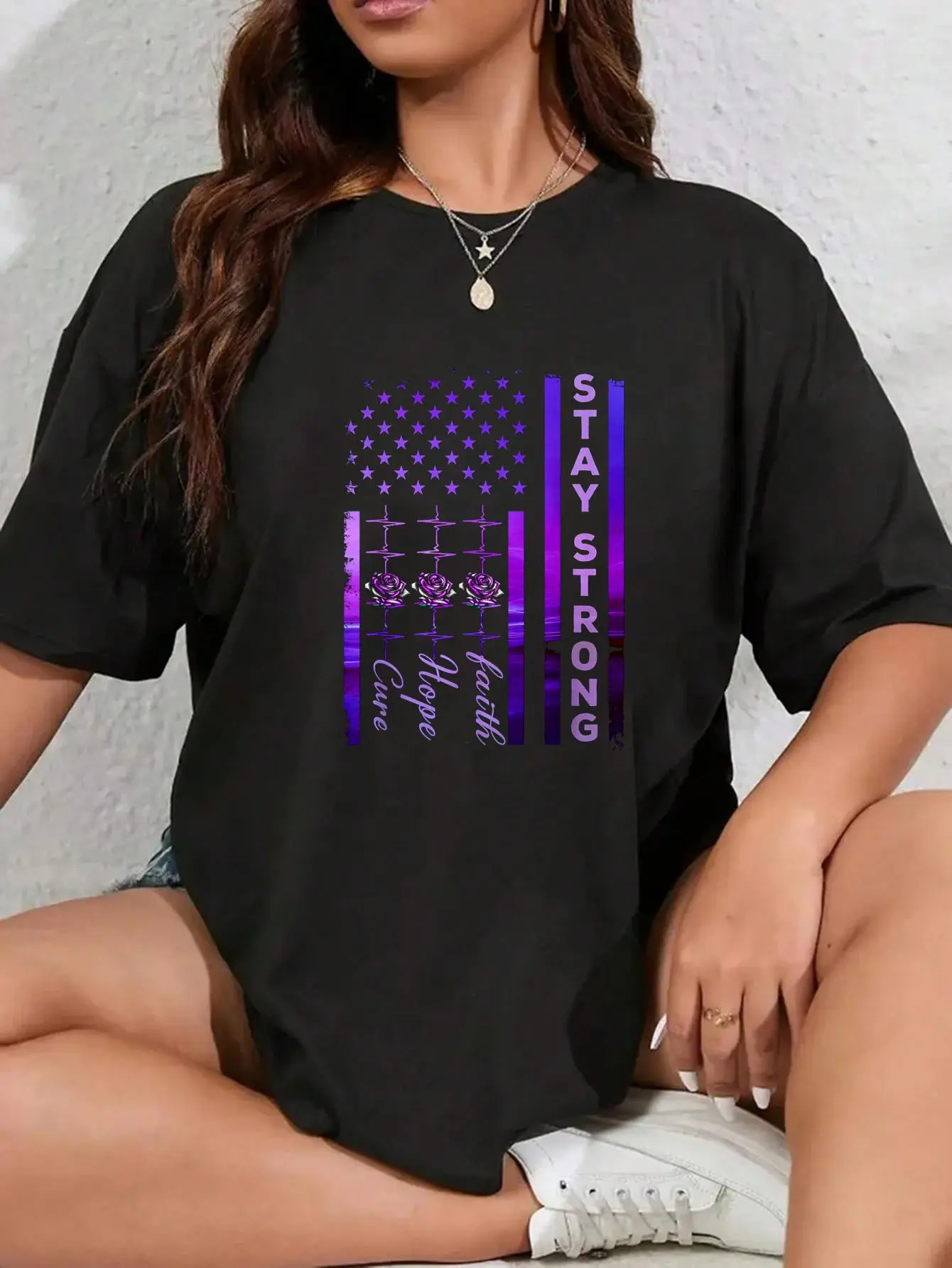 Women's Round Neck Unisex Pancreatic Cancer Awareness T-Shirt - 100% Soft Cotton, Faith Hope Cure Graphic, Purple Ribbon US Flag Digital Print, All Seasons Custom-Made Clothes for Everyday Wear