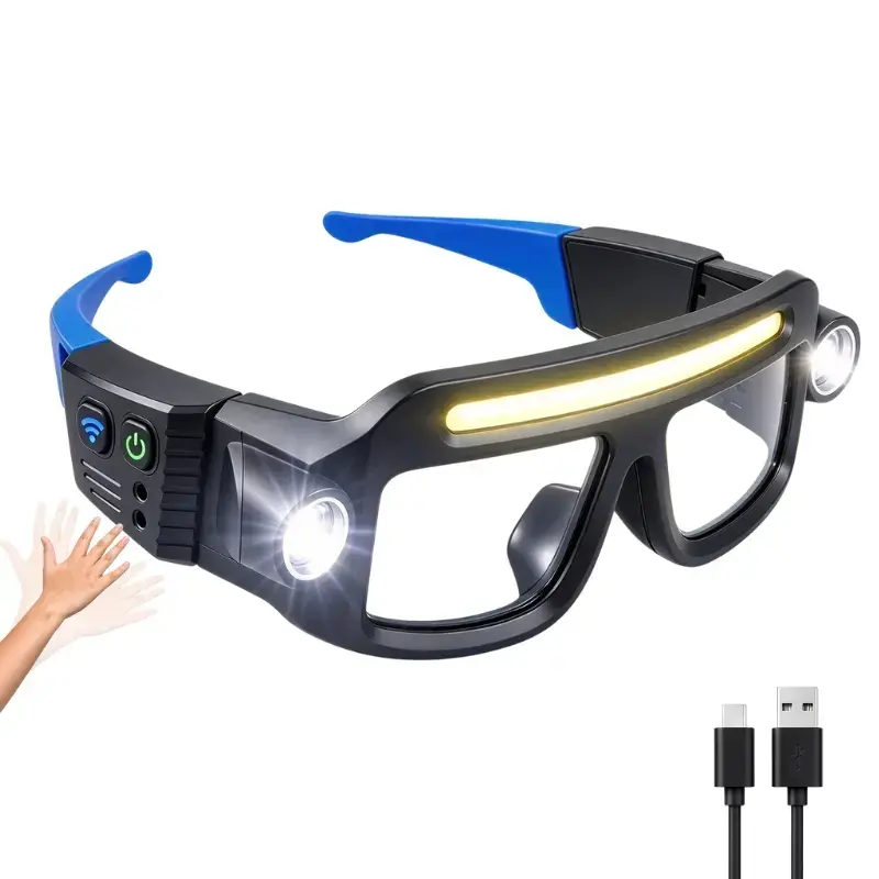 FUDUOO Rechargeable LED Headlamp Glasses, Hand Wave Sensor, Type-C USB Charging, 5-Mode COB Lights, Dual Side Spotlights, IPX4 Water Resistant, Lightweight Head Light for Camping, Motorcycle Riding, Automotive Tasks