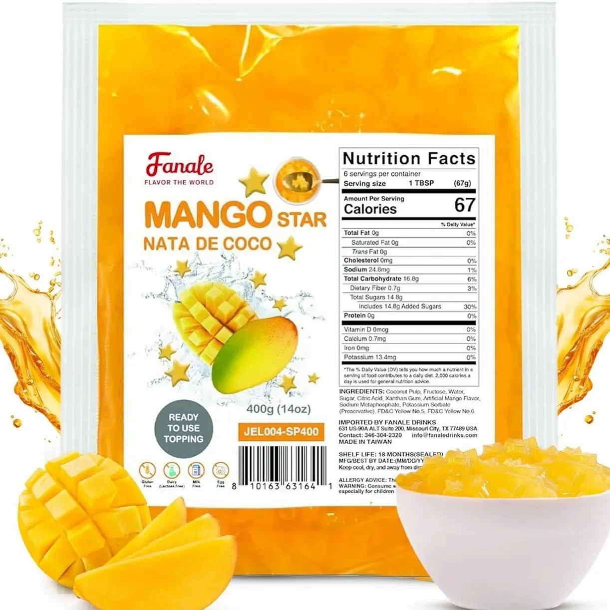 Fanale Coconut Jelly Topping nata de coco for Bubble Tea | Mango Star Jelly Topping for Boba Tea, Smoothies, Slushes, Desserts 400g(Pack Of 1)