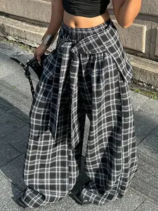 Women's Plaid Long Pants, Casual Loose Fit Fashion Streetwear, Comfortable Natural Waist Elastic Waist, Casual Bohemian Trousers