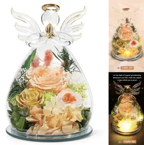 Rosong Eternal Rose Box Preserved Forever for Valentine's Day in Glass Angel Figurine for Mom Wife Girl Couple with Purple Roses and Hydrangeas
