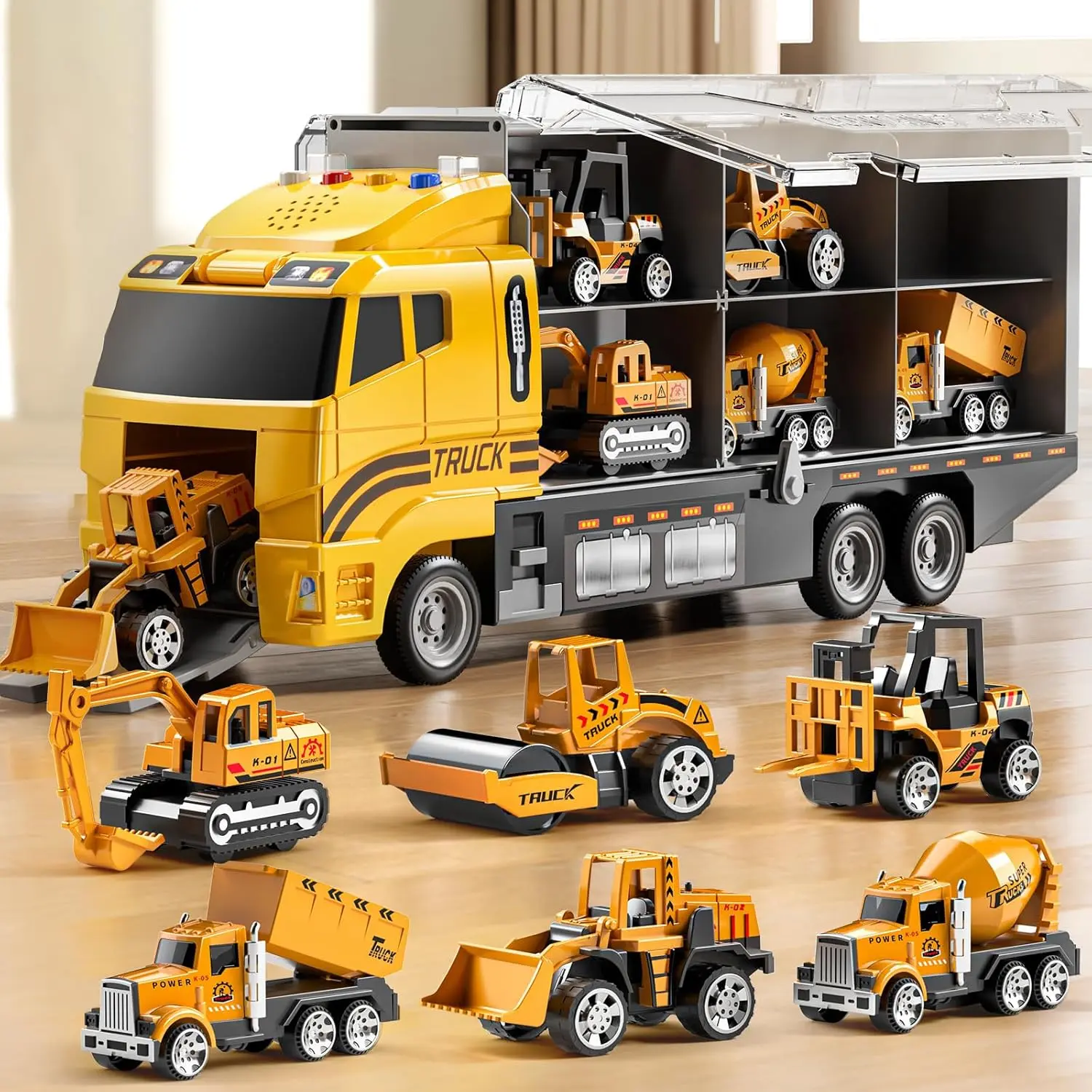 Toddler Boys' Micro-Scale Construction Truck Toy Set - Die-Cast Toy Car, Transport Carrier Truck, Play Mat Included - Birthday Gifts for 3-8 Year Old Boys, Micro-Scale Construction Vehicles