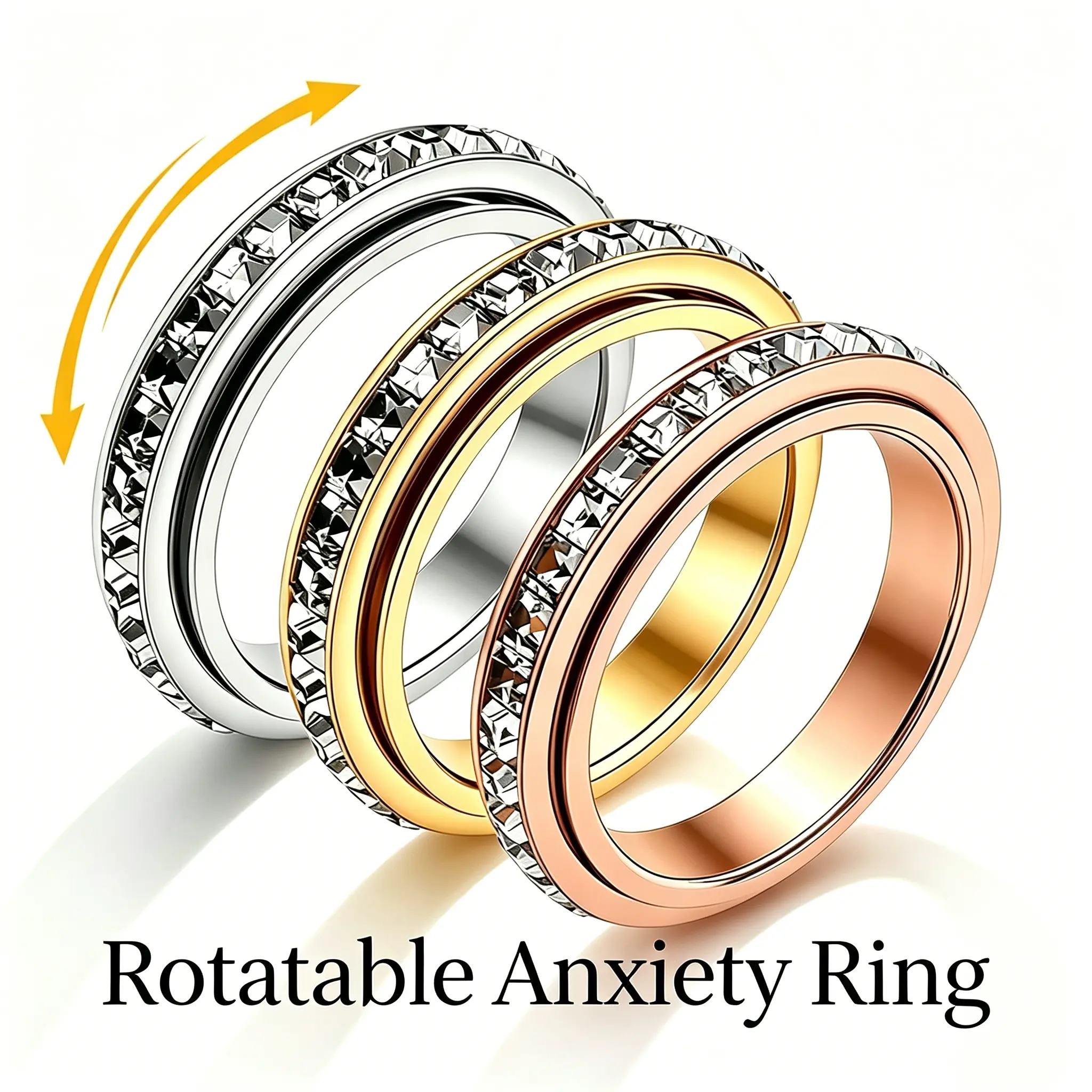 Unisex Rotatable Spinner Fidget Rings - Titanium Steel Band with Cubic Zirconia, Anxiety Relief Comfort-Fit Non-Tarnish Jewelry, Unisex Look Sizes 6-9, Love Gift Accessory, Daily Elegant Accessory