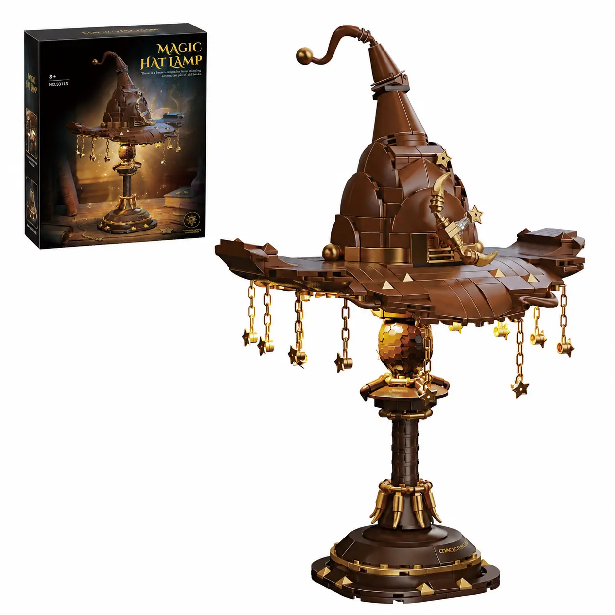 698-Piece Wizard Hat Lamp Building Block Set with Light, Fantasy DIY Construction Model Kit, Collectible Home Office Decor, Halloween Gift for Adults