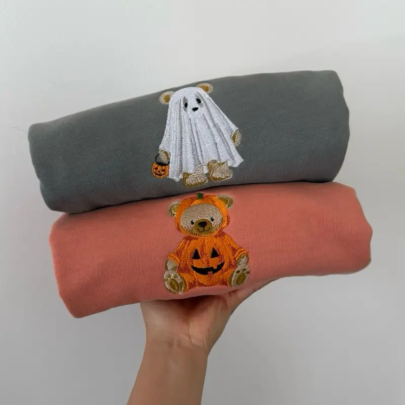 Comfort Colors Embroidered Cute Ghost Pumpkin Teddy Bear Sweatshirt, Spooky Season Halloween Apparel
