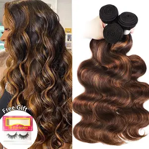 Ishow Brown Highlight Body Wave Bundles Brazilian Ombre Brown Bundles Human Hair Sew in Colored Quick Weave Bundles Human Hair with 4x4 Closure