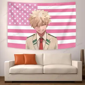 Anime My Hero Academias Bakugou Katsuki American Flag Tapestry Dormitory Bedhead Background Cloth Aesthetic Room Home Decor  White