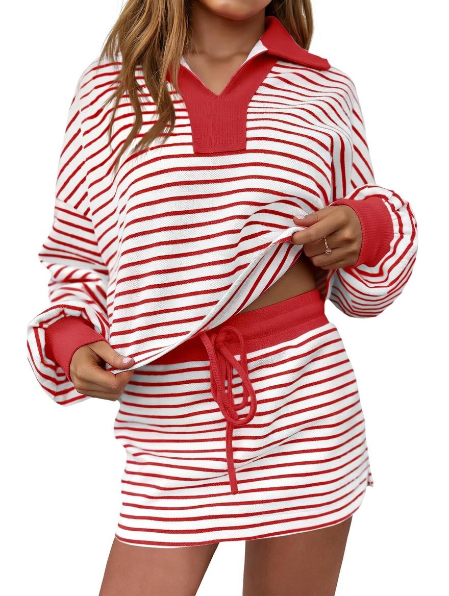 Women's 2-Piece Striped Lounge Set – Oversized Long Sleeve Polo Sweatshirt and Drawstring Mini Skirt Set – Trendy Fall 2025 Streetwear Casual Tracksuit Women's 2-Piece Striped Lounge Set – Oversized Long Sleeve Polo Sweatshirt and Drawstring Mini Skirt Set – Trendy Fall 2025 Streetwear Casual Tracksuit