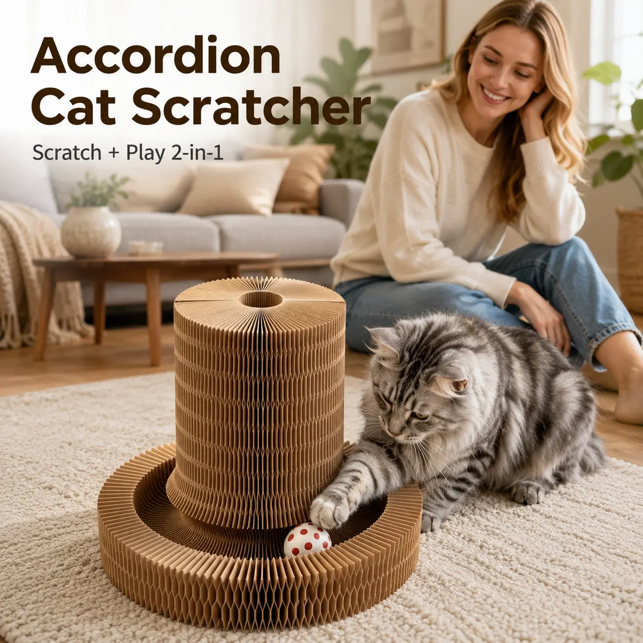 Foldable Accordion Cat Scratcher with Ball for Indoor Cats, Corrugated Cardboard Scratching Board, Interactive 2-in-1 Cat Toy, Space-Saving Design