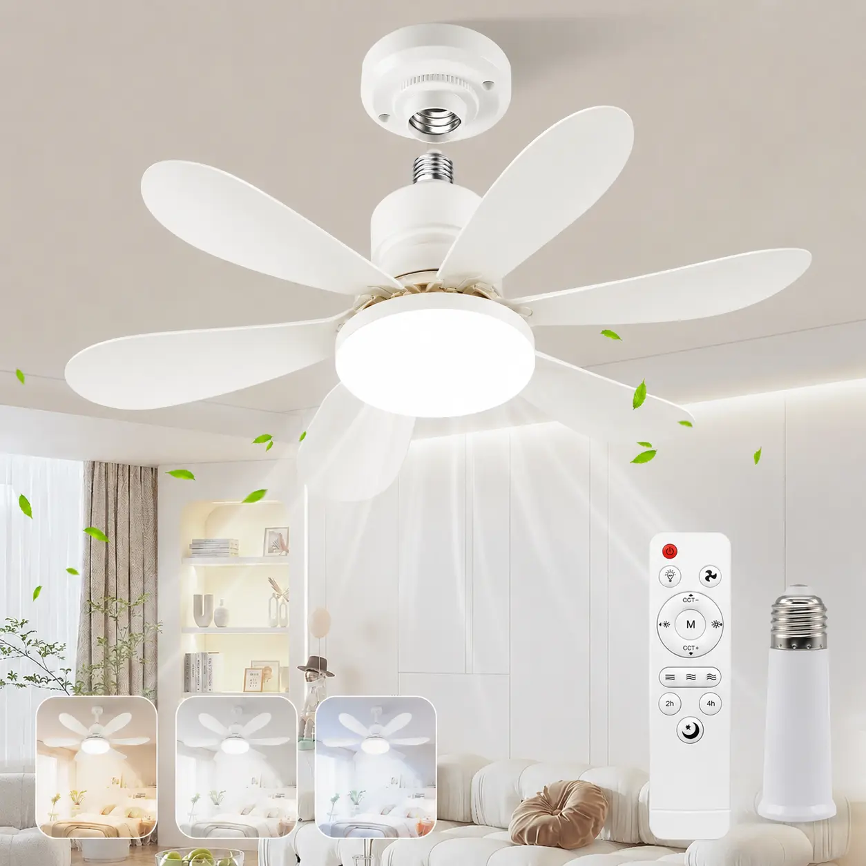 Polycarbonate (ABS/PC) Adjustable Ceiling Fan with Lamp - Remote Control, E27 Base Dimmable LED Energy-Saving Home Lighting, 3-Speed Efficient Airflow, Indoor Socket Light & Lightbulb Base Replacement, Ceiling Fans With Lamps