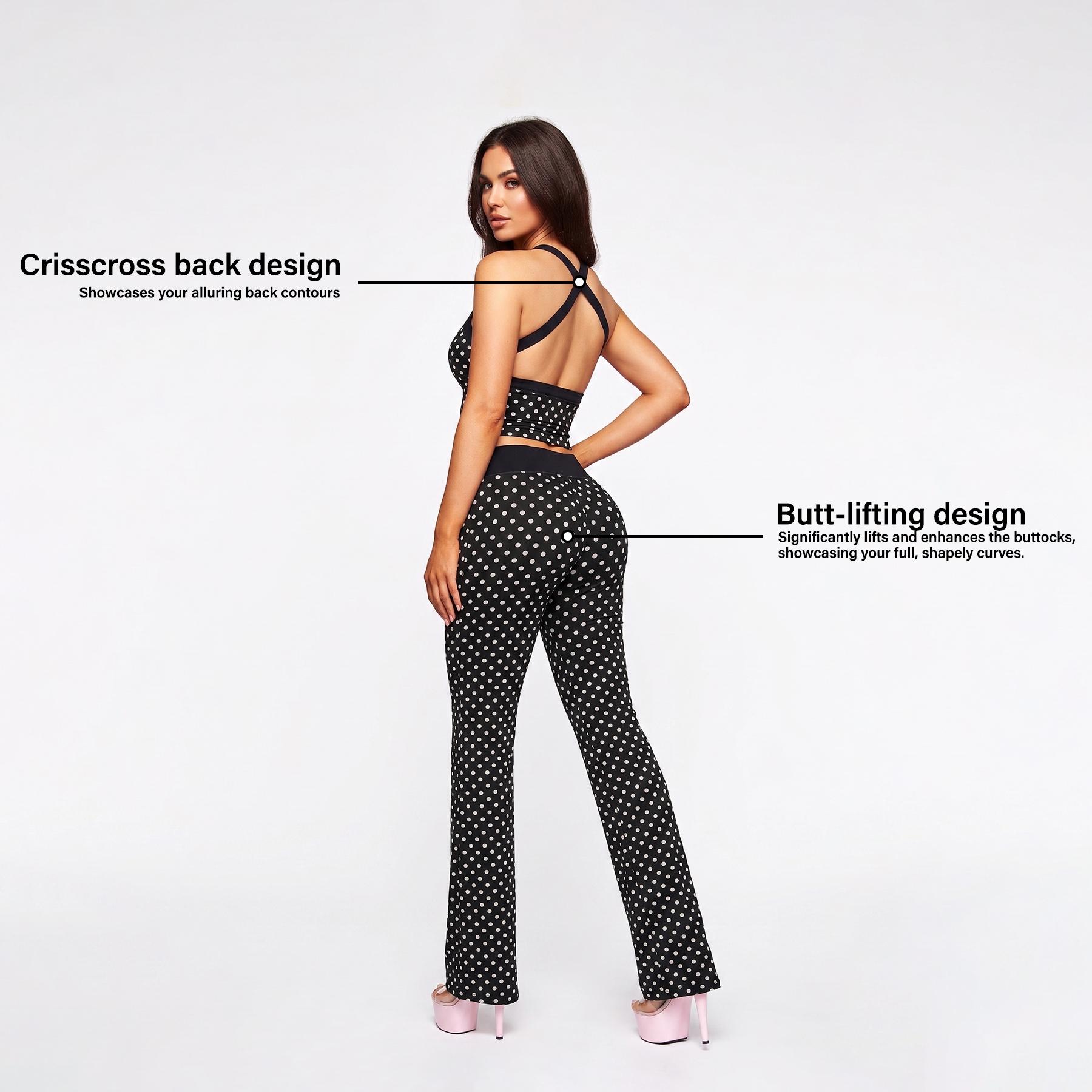 NVWA Matching Sets Women Polka Dot Halter Crop Top and Flare Pants 2 Piece Outfits Backless Criss Cross Bodycon Slim Fit Going Out Set High Waist Bell Bottom Trousers Y2K Party Club Wear Casual Outfit tiktokshopbacktoschool, Spandex, Lady