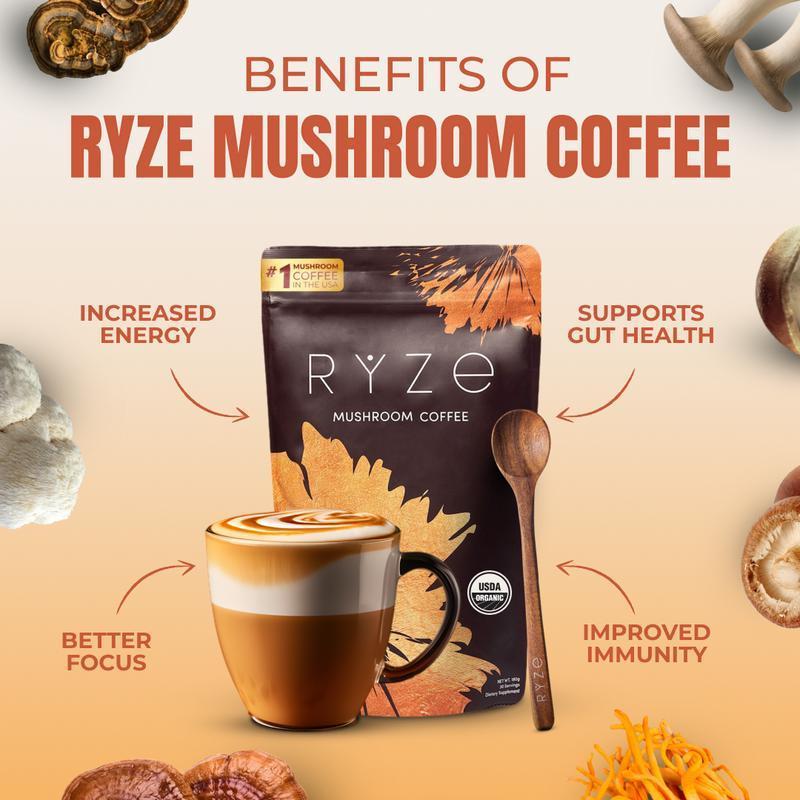 2X RYZE Mushroom Coffee USDA Organic with 6 Adaptogenic Mushrooms and MCT Oil, USA Grown Instant Coffee for Better Energy, Focus, Digestion, Immunity with Turkey Tail, Shiitake, Lion's Mane, 60 Servings