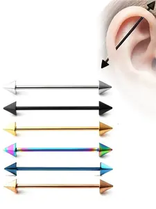 Set of 6 Stainless Steel Double-Ended Short Pointed Cone Barbell Earrings, Hip-Hop Punk Industrial Minimalist Style, 6 Colors, Interchangeable Wear