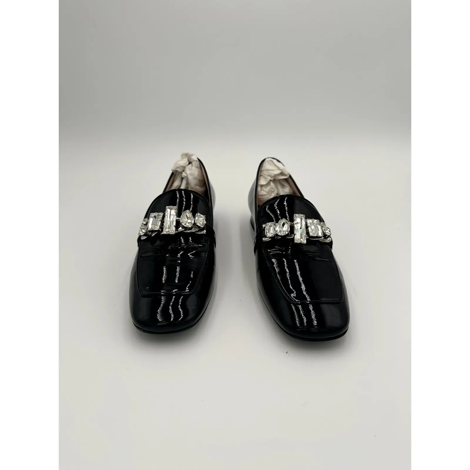Miu Miu Black Patent Leather Crystal-Embellished Loafers #18 Size 37, Women, Shoe
