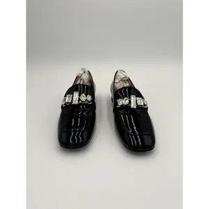 Miu Miu Black Patent Leather Crystal-Embellished Loafers #18 Size 37