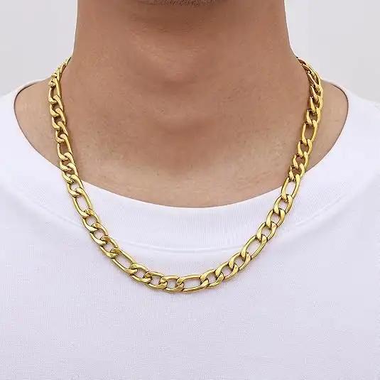 Men's 14K Gold Coated Brass Figaro Chain Necklace - 10mm Width, 20-24in Length, Italian Cuban Design, Anti-Tarnish Nano-Coating, Hip-Hop Street Style, Minimalist Layered Jewelry, Ideal Men's Gift