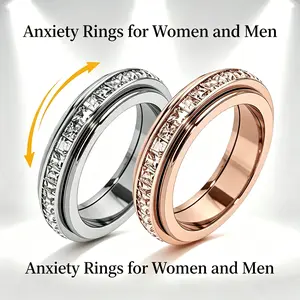 Anxiety Spinner Rings for Women and Men Stress Relief, Titanium Steel Spinner Fidget Band Rings with Cubic Zirconia for Daily Decor, Wedding Promise Comfort Fit Size 6 to 9 - Gift for Her, Him, Friends, Couples