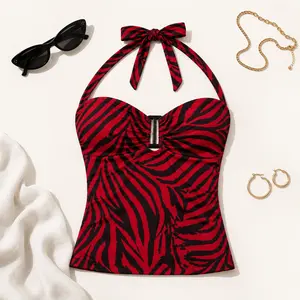Red Zebra Print Halter Cami | Plunge Neck Ring Detail Top | Summer Sleeveless Blouse