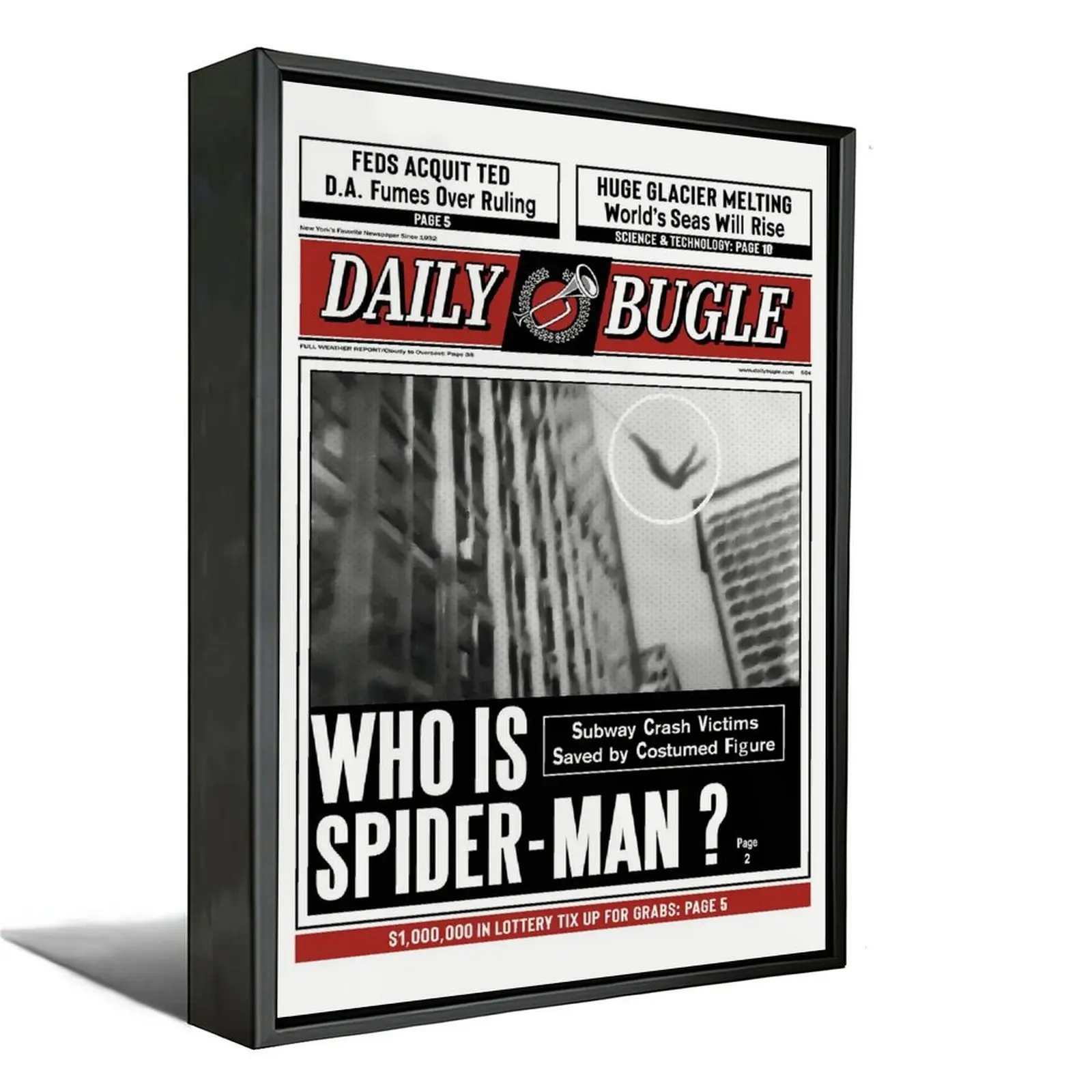 Retro black-white-red newspaper style superhero framed canvas, Daily Bugle classic industrial aesthetic wall print. Cool vintage vibe decor for apartment, bedroom and living room, edgy statement piece for urban modern home interiors.