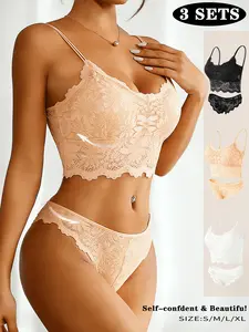 3set Women's High Elasticity Lace Lingerie Bralette Set Wide Straps Crop Top for Side Smoothing  Floral Scalloped Panty