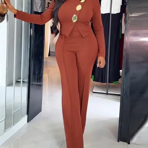 CHICME Women's Golden Button Decor Long Sleeve Seam Front Overalls Casual Zipper Back Faux Two-Piece Commuting Jumpsuit