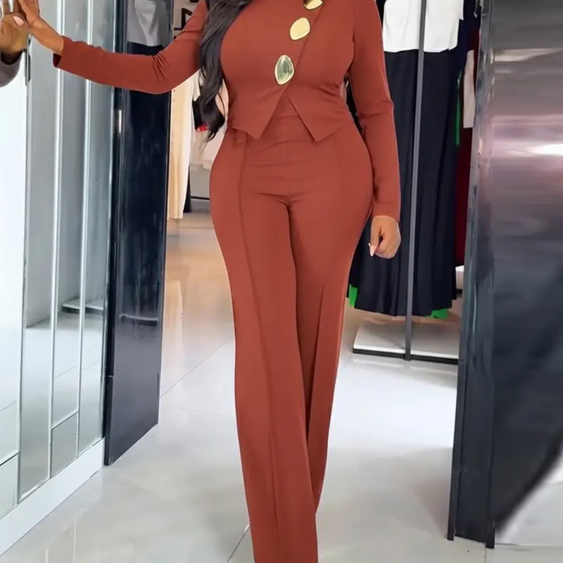 CHICME Women's Golden Button Decor Long Sleeve Seam Front Overalls Casual Zipper Back Faux Two-Piece Commuting Jumpsuit