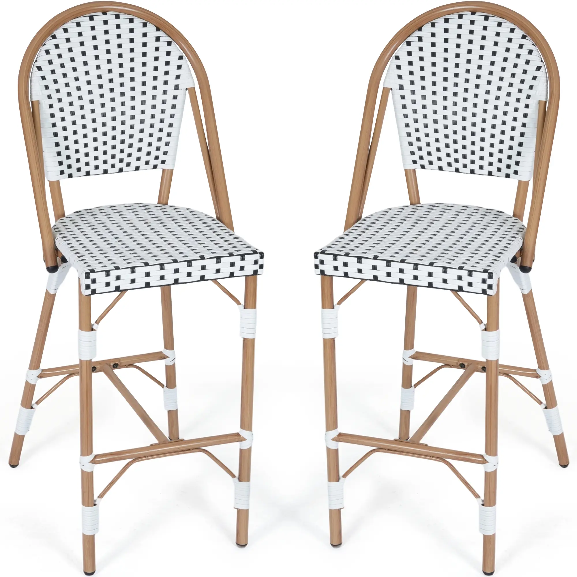 Jonpony 30" Outdoor French Counter Bar Stools Set of 2, Rattan Furniture w/ Wood Print Finish, All-Weather Armless Wicker Chairs for Backyard Poolside, White/Black/Blue (Indoor Kitchen Compatible)