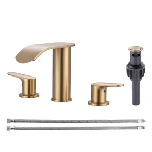 WOWOW 8 in. Widespread Modern Double Handle Waterfall Bathroom Faucet with Pop-up Drain and Supply Hoses in Brushed Gold
