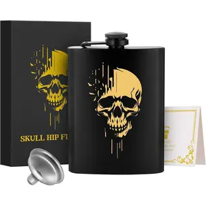 1 count 8oz Stainless Steel  Flask, Pocket Flask, with Funnel and Greeting Card  Box, Golden Skull  Personalised Flask ,  for Camping, Hiking, and Outdoor Activities,