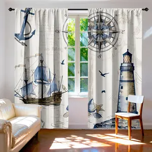 Vintage Nautical Anchor Sailboat Curtains, Blue Compass Lighthouse Ocean Elements, Bedroom Living Room Light Blocking Decorative Drapes