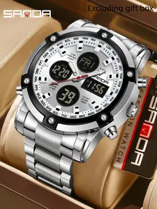 Sanda Fashion Leisure Multifunctional Watch Steel Strap Large Dial Men's Waterproof Night Light Watch Three Time Outdoor Sports Watch
