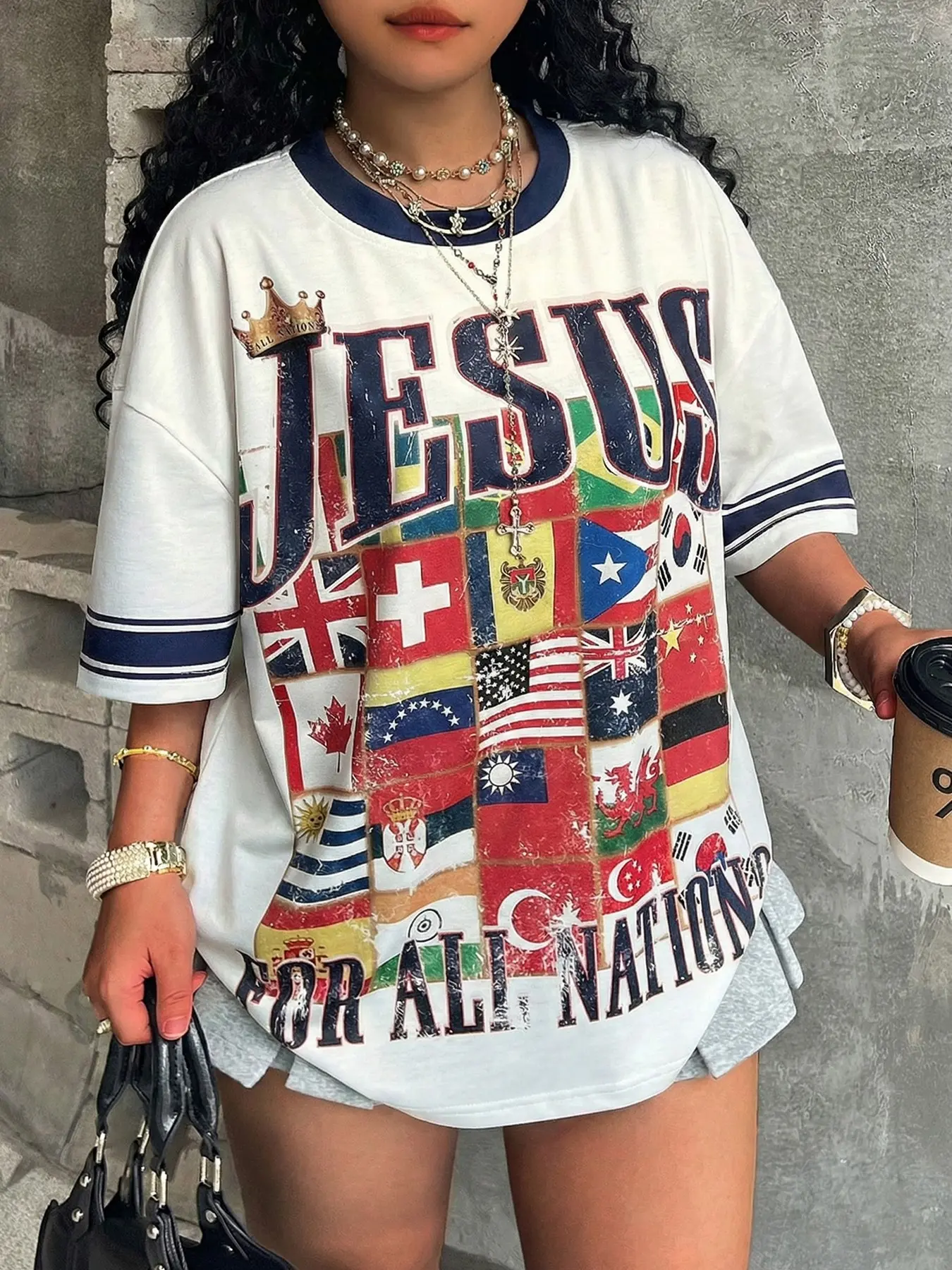 Women's Trendy Jesus Street Style Graphic T-Shirt. This casual street-style tee features eye-catching Bible verse prints, making it a trendy summer vacation outfit suitable for both streetwear and holiday looks.