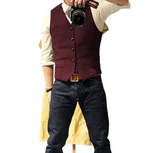 Men's Vintage Herringbone Tweed Vest - Western Cowboy Style,  Suits Stretch Fabric Beige Vneck Plain Sleeve Formal, Polyester Wool Menswear Acrylic