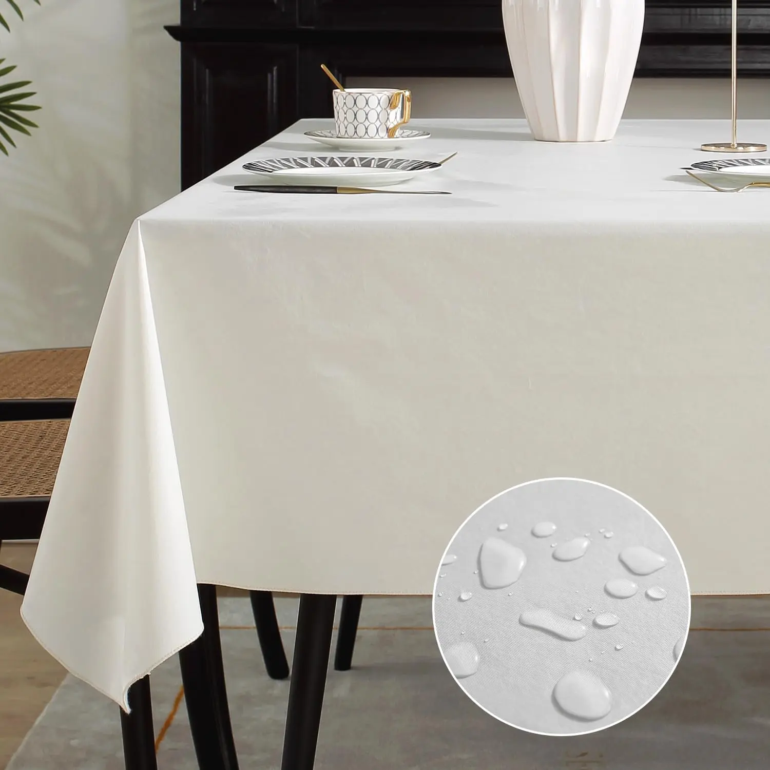 Sastybale Waterproof Vinyl Rectangle Tablecloth with Flannel Backing, Spillproof Stain Resistant Wipeable Pastic Table Cloth for Dining, Party and Outdoor Use (60" x 84", Off White)