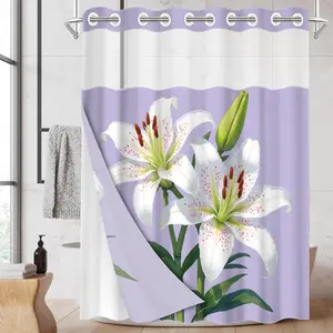 1PC/4PCS 2D Flat Printing Happy Spring White Lilies on Purple Background Patterned shower curtain, home bathroom decor, shower curtain set with 12 hooks, non-slip bathroom rug, U-shaped toilet seat cover, toilet seat mat.
