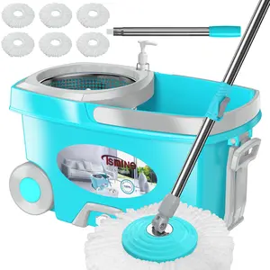 Funclean Spin Mop And Bucket With Wringer Set For Home 360 Spinning Mopping Floor Cleaning Tool 6 Microfiber Replacement Head Refills 61" Extended Handle  2x Wheel - Blue