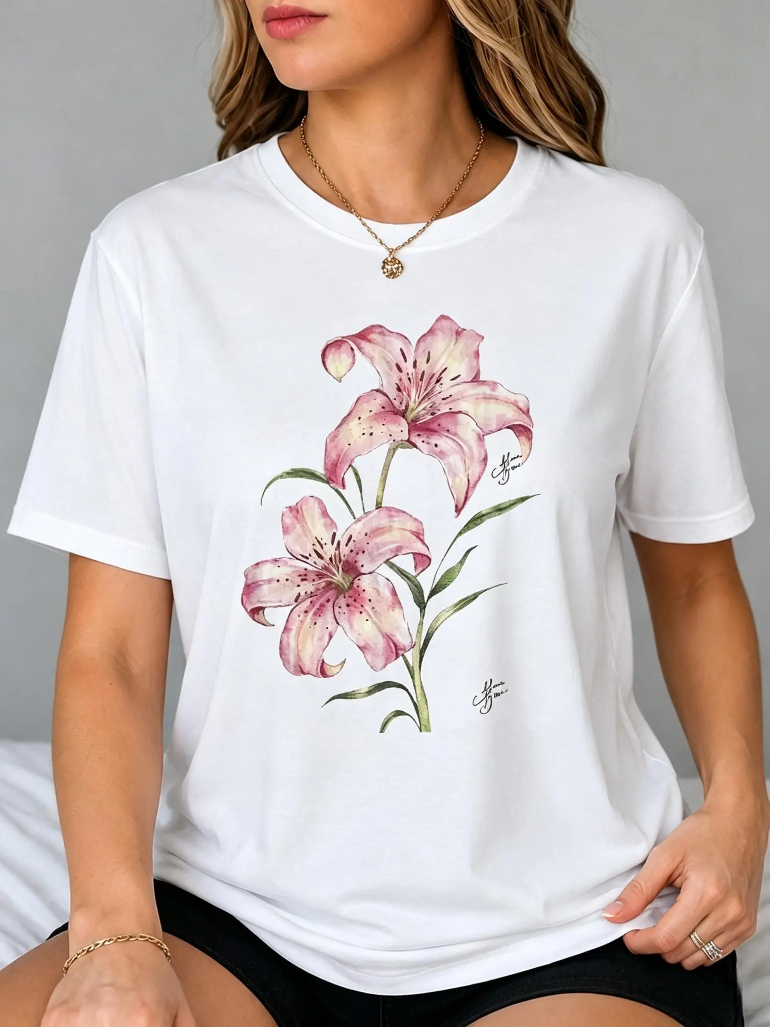Women's Round Neck Cotton Graphic T-Shirt - Blush Pink Watercolor Lily Floral Print, Short Sleeve Breathable Fabric Casual Wear Shirts for Women, Summer Top, T Shirts, Short Sleeve Tops