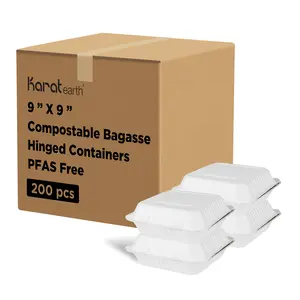 Karat Earth 9'' x 9'' PFAS Free Compostable Bagasse Hinged Containers, White - 200 pcs