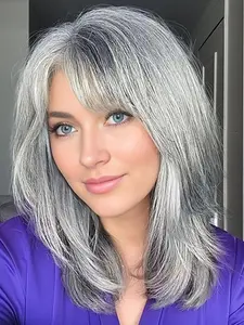 14 Inch Ombre Layered Wigs with Curtain Bangs for Women, Natural Looking Synthetic Short Wavy Wig, Highlight Wavy Hair for Women, Soft Synthetic Hair, Wavy Synthetic Hairpiece