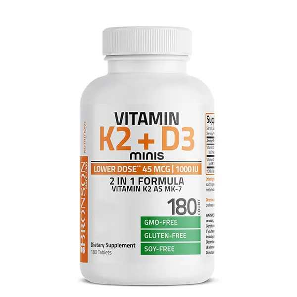 Vitamin D3 + K2 (MK-7) Daily Maintenance Supplement, 1000 IU Vitamin D3 & 45mcg Vitamin K2, Easy-to-Swallow Mini Tablets, Non-GMO, 180 Count