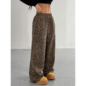 Womens High-Waist Leopard Print Sports Pants  Wide Leg with Elastic Waistband & Pockets | Lightweight Stretch Fabric for Yoga, Running & Casual Wear