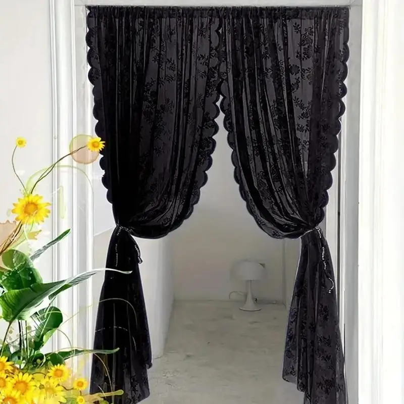 Vintage Lace Curtain 2 Panels, Floral Embroidered Sheer Drape, Semi-Transparent Lightweight Curtain for Balcony Cafe Wedding Decor