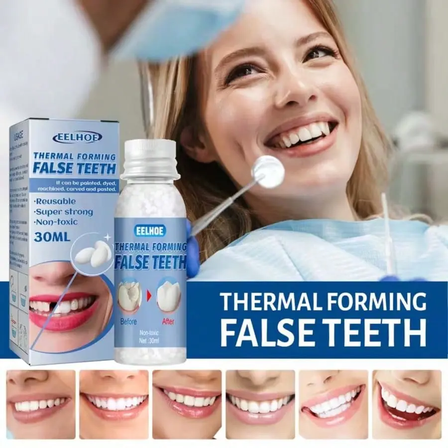 EELHOE Thermal Forming False Teeth Beads, Reusable Moldable Temporary Tooth Repair Granules, Non-Toxic Thermal Filling Beads for Missing, Broken, Gapped Teeth DIY Restoration, 30ml
