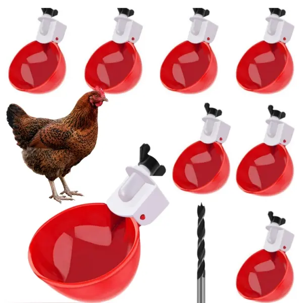 Automatic Chicken Waterer Cups, 8-Pack Gravity-Fill Kit with 5 Gallon Continuous Supply - Poultry Coop Drinker with Mounting Hole Opener & Duck Float Bowls