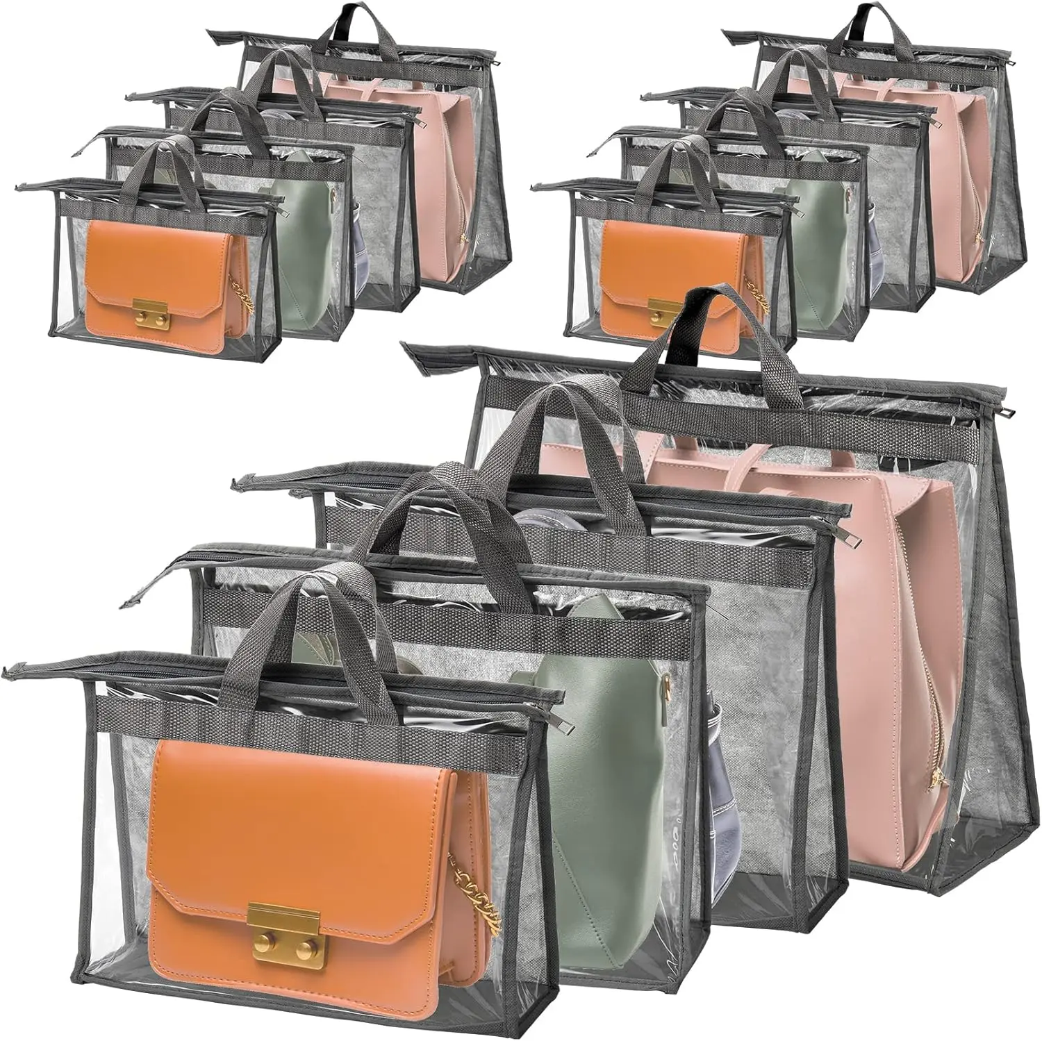 12-Pack Handbag Storage Bags, Clear Purse Organizer with Zipper & Handle for Closet Storage