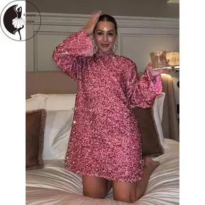 Women Sequin Dress, Long Sleeve Crew Neck Tie-up Loose Cocktail Dress Fall Mini Dress