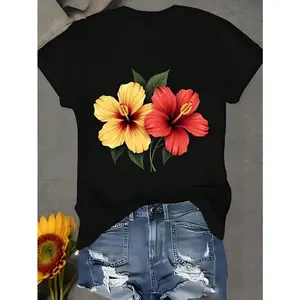 Mens Tropical Hibiscus Flower Graphic Tee Soft Cotton Short Sleeve Crewneck Shirt Summer Beach Vacation Streetwear Casual Everyday Top